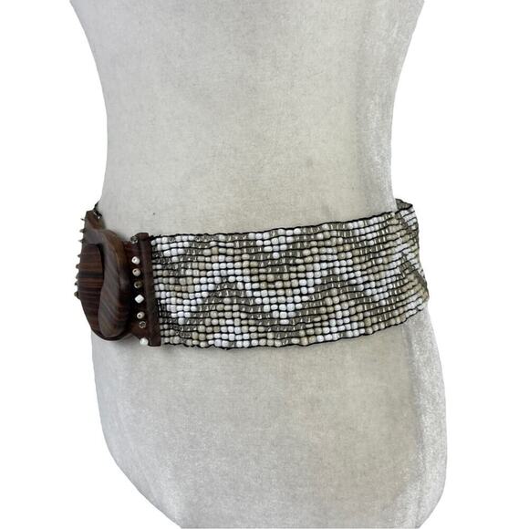 Vintage Hand-made Boho Belt Stretchy Beaded Bali Belt with Wooden Hook Buckle - Picture 4 of 15